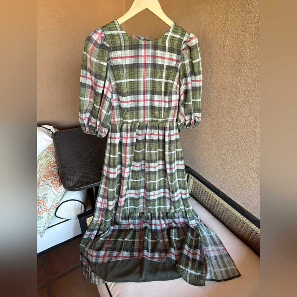 All Saints High Low Dress in Green and Red Plaid - Picture 5 of 10